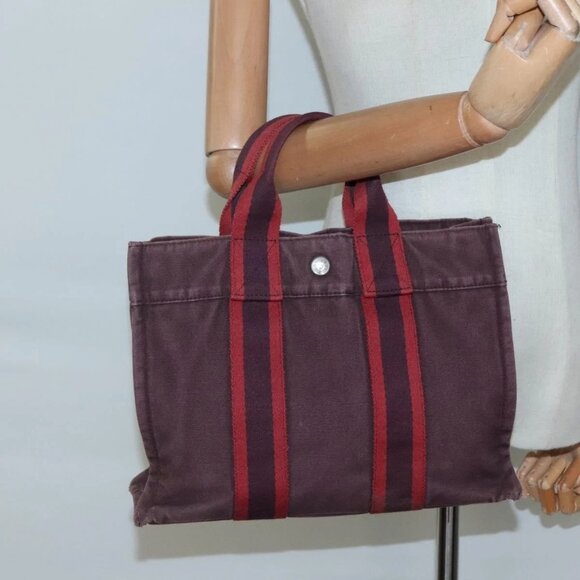 HERMES Fourre Tout PM Hand Bag Canvas Bordeaux Auth - Picture 1 of 15
